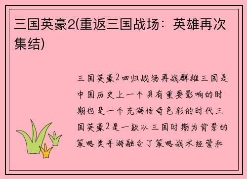 三国英豪2(重返三国战场：英雄再次集结)